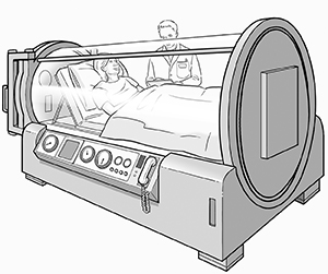 Healthcare provider monitoring woman lying in hyperbaric chamber.
