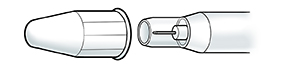 Primer plano de la punta de una pluma de inyección de seguridad donde se ve el capuchón externo y la punta de la jeringa con el protector fijo de la aguja interna.