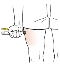 Hand pressing auto-injector to side of thigh.