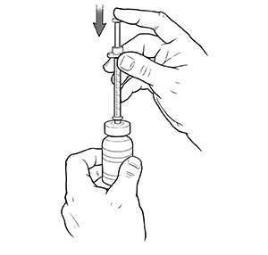 Hands holding syringe and vial. Syringe inserted in vial and finger is pushing down on plunger.