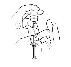 Closeup of hand holding vial and syringe. Syringe is under vial with plunger pulled out. Other hand is tapping syringe to remove air bubbles.