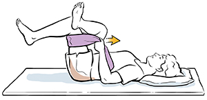 Una mujer acostada boca arriba con una pierna cruzada y el tobillo apoyado en la rodilla opuesta, con una toalla alrededor del muslo. Una mujer usa una toalla para tirar de las piernas hacia el pecho.