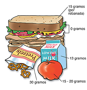Almuerzo en el que pueden verse los gramos de carbohidratos. 15 gramos por rebanada de pan, 0 gramos en la lechuga, mayonesa y tomates, 13 gramos en el cartón de leche, 30 gramos en la bolsa de pretzels y entre 15 y 20 gramos en la manzana.
